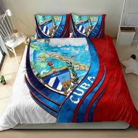 Cuba map duvet cover and two pillowcases with blue/red shield and curved stripes