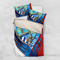 Cuba map bedding set with duvet cover and two pillowcases, blue/red shield print