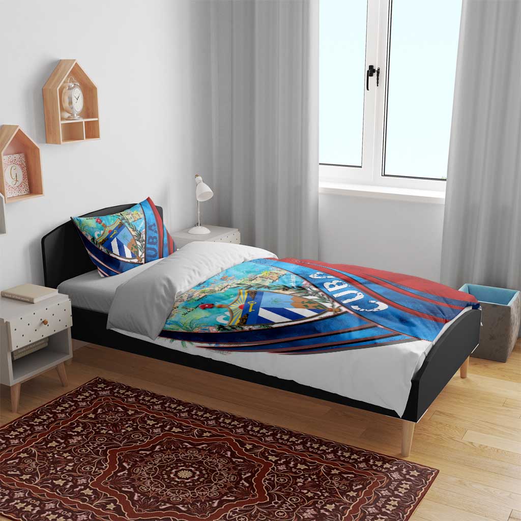 Cuba map duvet cover set with two pillowcases, blue/red shield and banner print