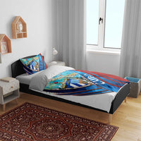 Cuba map duvet cover set with two pillowcases, blue/red shield and banner print