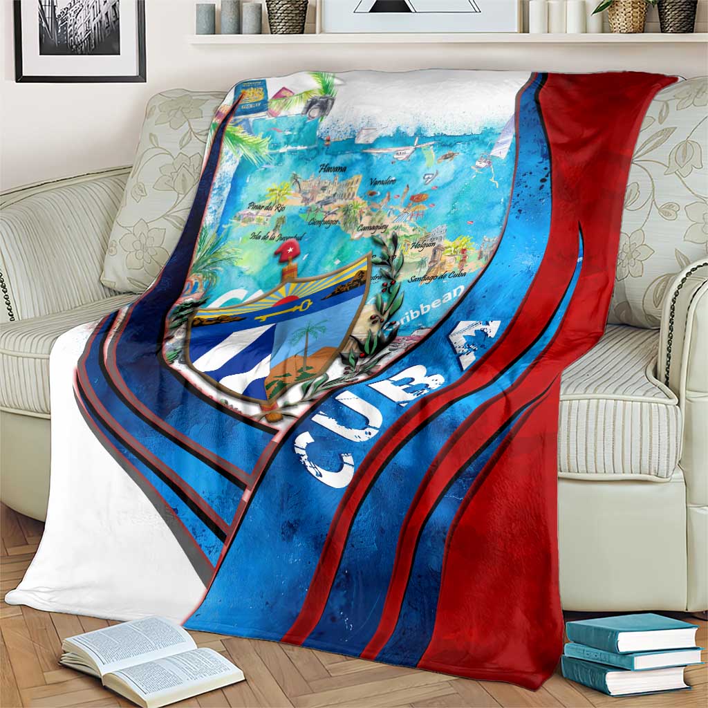 Cuba Caribbean map blanket with coat of arms shield, blue and red stripes, draped on armchair