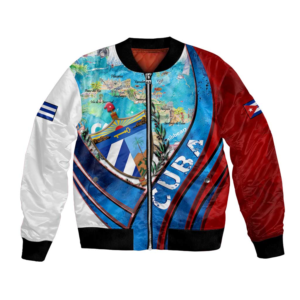 Unisex bomber jacket with Cuba map graphic, white red blue panels, front zipper and ribbed hem