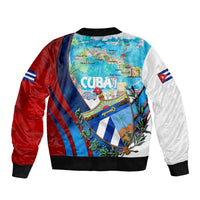 Unisex bomber jacket, Cuba text on center map print, red and white sleeves, ribbed cuffs