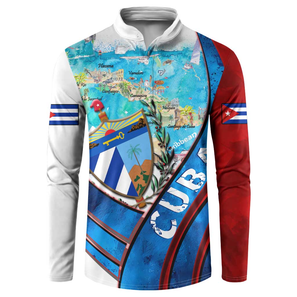 Cuba-themed graphic sweatshirt with henley collar and flag-style sleeve panels