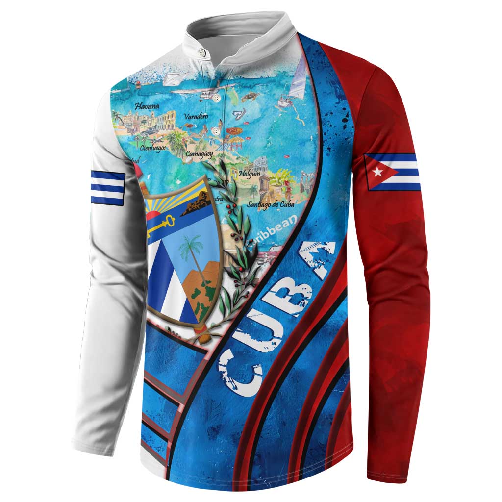 Cuba map graphic henley sweatshirt with red-blue sleeves and flag emblem on side