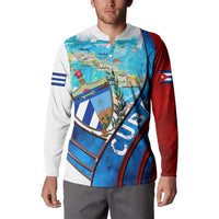 Cuba map print henley sweatshirt with red-blue sleeves and flag patch on right arm