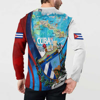Cuba map graphic sweatshirt back with 'CUBA' text, crest, and red-white flag accents