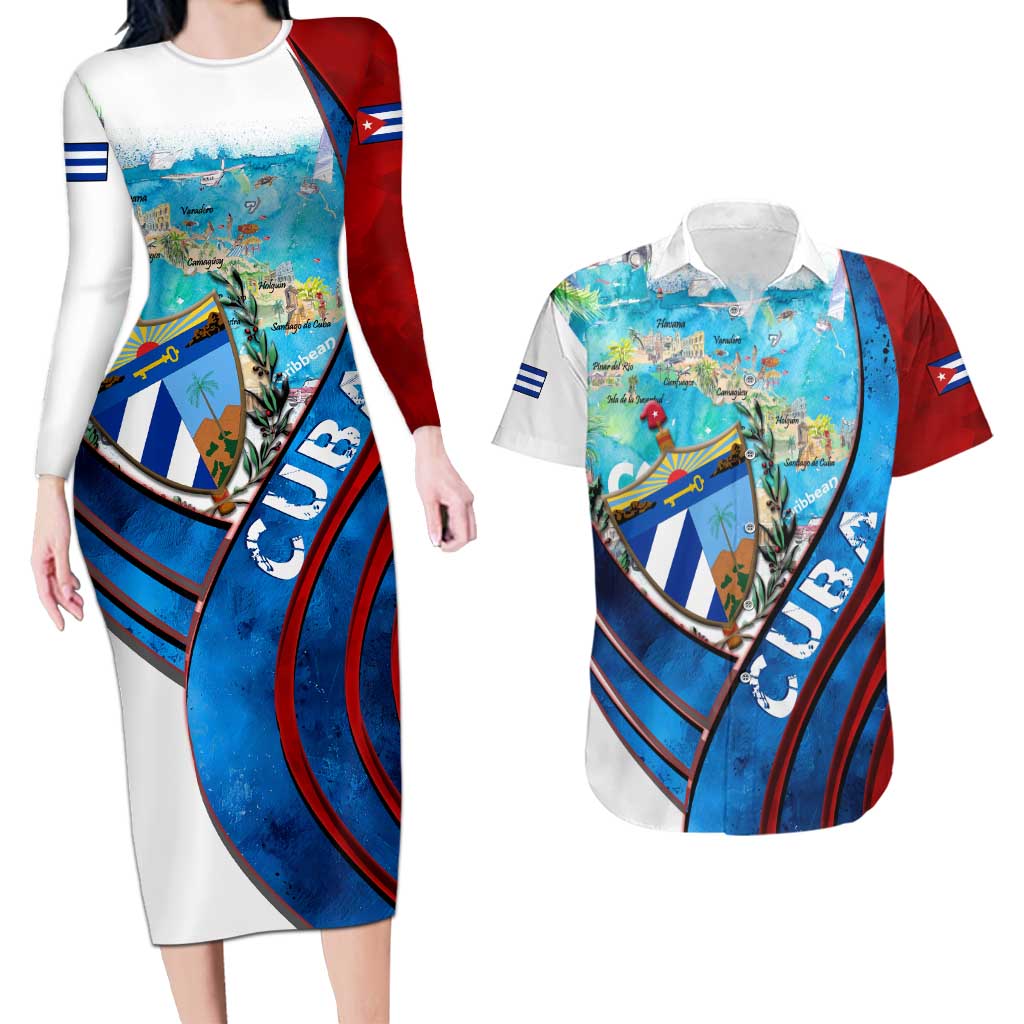 Coat Of Arms Cuba Couples Matching Long Sleeve Bodycon Dress and Hawaiian Shirt Caribbean Cuban Map - Wonder Print Shop