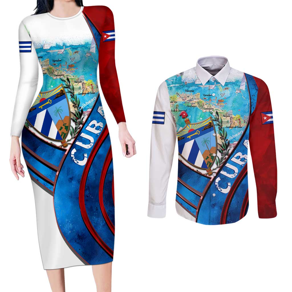 Coat Of Arms Cuba Couples Matching Long Sleeve Bodycon Dress and Long Sleeve Button Shirt Caribbean Cuban Map - Wonder Print Shop