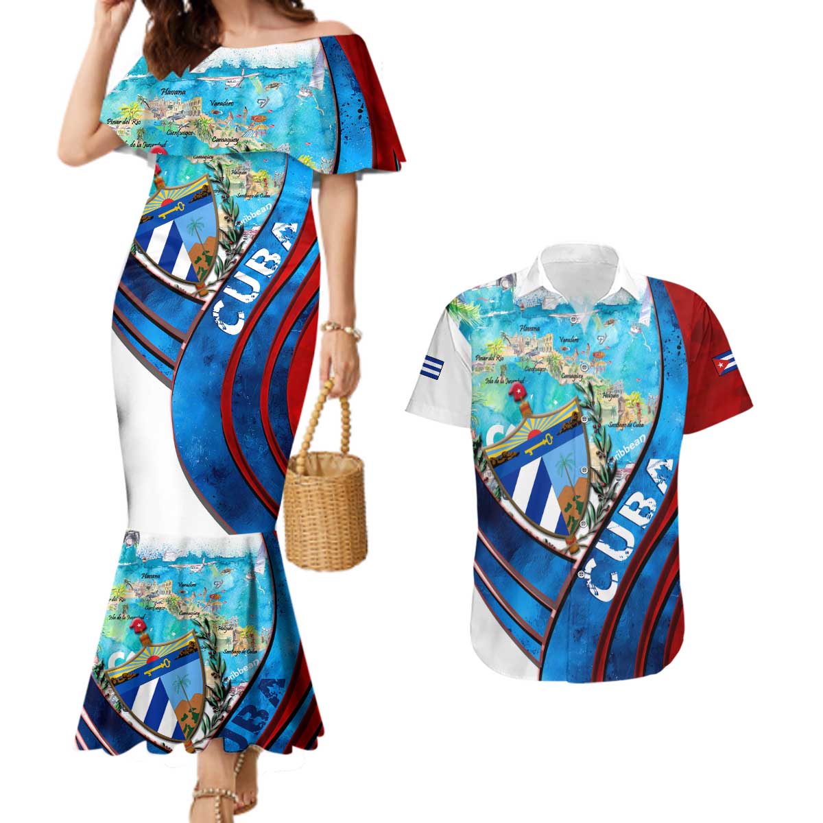 Coat Of Arms Cuba Couples Matching Mermaid Dress and Hawaiian Shirt Caribbean Cuban Map - Wonder Print Shop