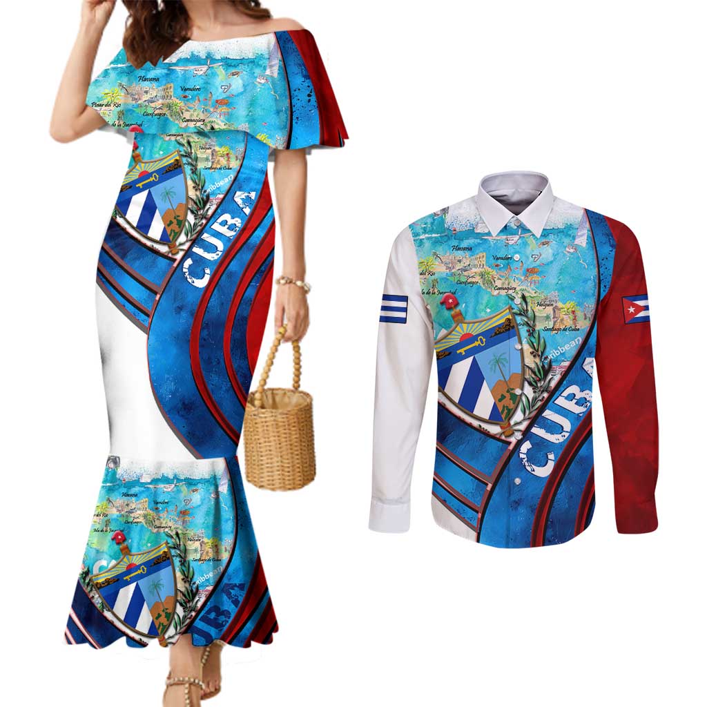 Coat Of Arms Cuba Couples Matching Mermaid Dress and Long Sleeve Button Shirt Caribbean Cuban Map