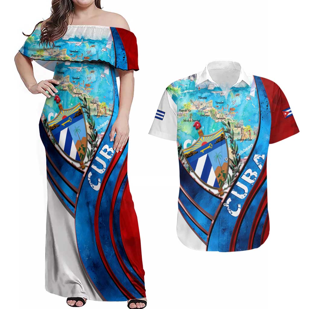 Coat Of Arms Cuba Couples Matching Off Shoulder Maxi Dress and Hawaiian Shirt Caribbean Cuban Map - Wonder Print Shop