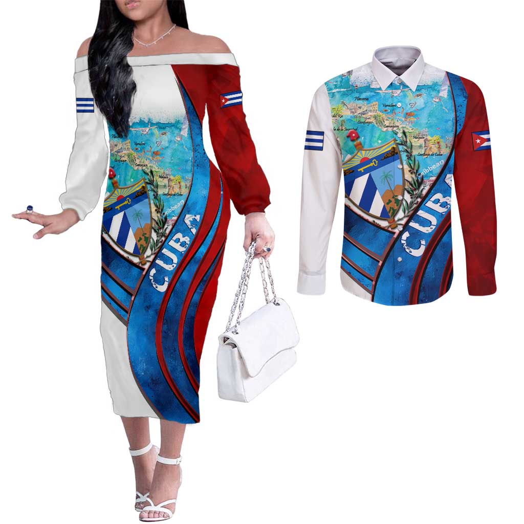 Coat Of Arms Cuba Couples Matching Off The Shoulder Long Sleeve Dress and Long Sleeve Button Shirt Caribbean Cuban Map