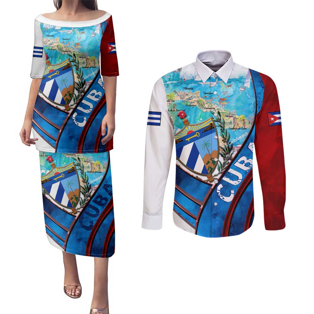 Coat Of Arms Cuba Couples Matching Puletasi and Long Sleeve Button Shirt Caribbean Cuban Map - Wonder Print Shop