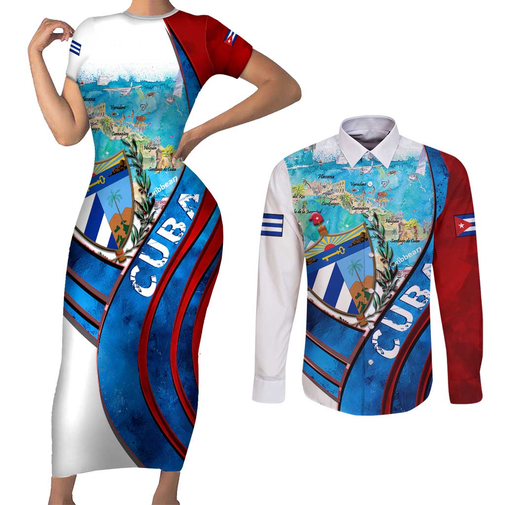 Coat Of Arms Cuba Couples Matching Short Sleeve Bodycon Dress and Long Sleeve Button Shirt Caribbean Cuban Map - Wonder Print Shop