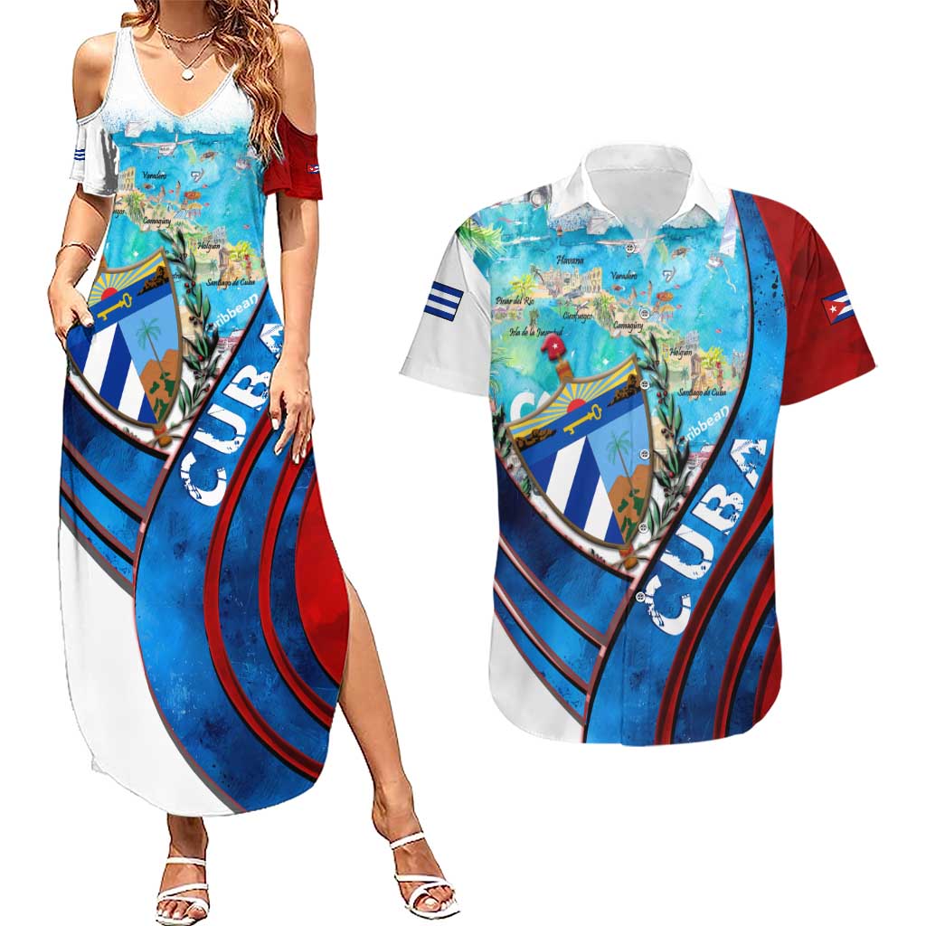 Coat Of Arms Cuba Couples Matching Summer Maxi Dress and Hawaiian Shirt Caribbean Cuban Map - Wonder Print Shop