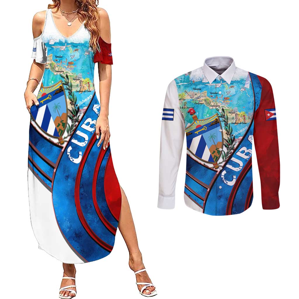 Coat Of Arms Cuba Couples Matching Summer Maxi Dress and Long Sleeve Button Shirt Caribbean Cuban Map - Wonder Print Shop