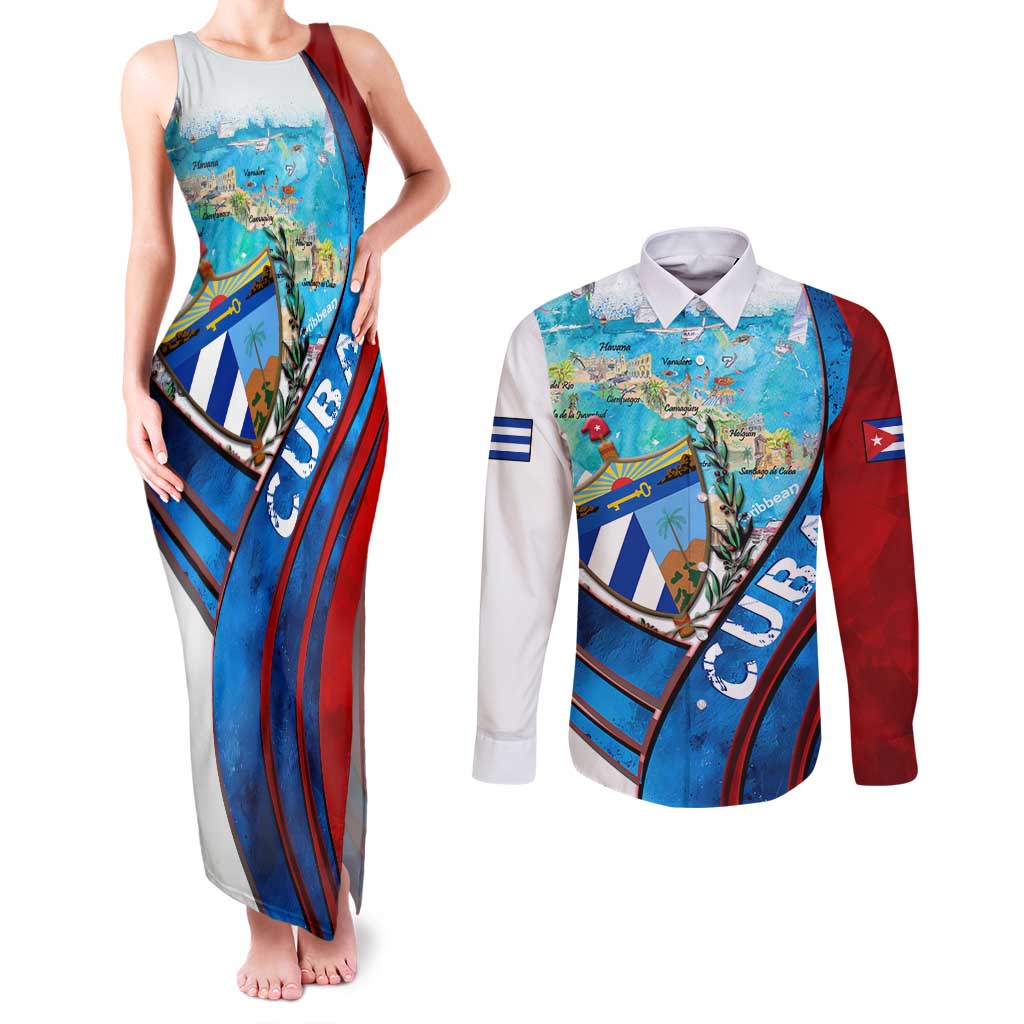 Coat Of Arms Cuba Couples Matching Tank Maxi Dress and Long Sleeve Button Shirt Caribbean Cuban Map - Wonder Print Shop