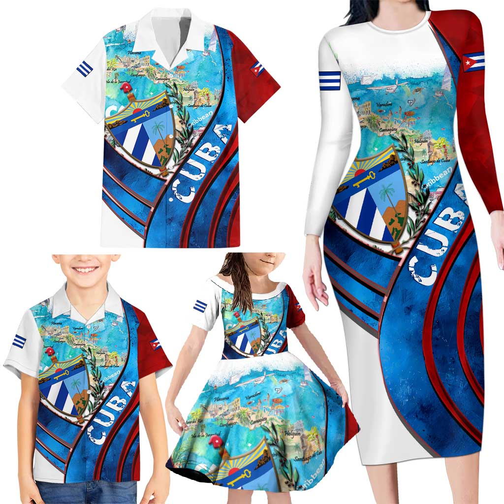 Coat Of Arms Cuba Family Matching Long Sleeve Bodycon Dress and Hawaiian Shirt Caribbean Cuban Map - Wonder Print Shop