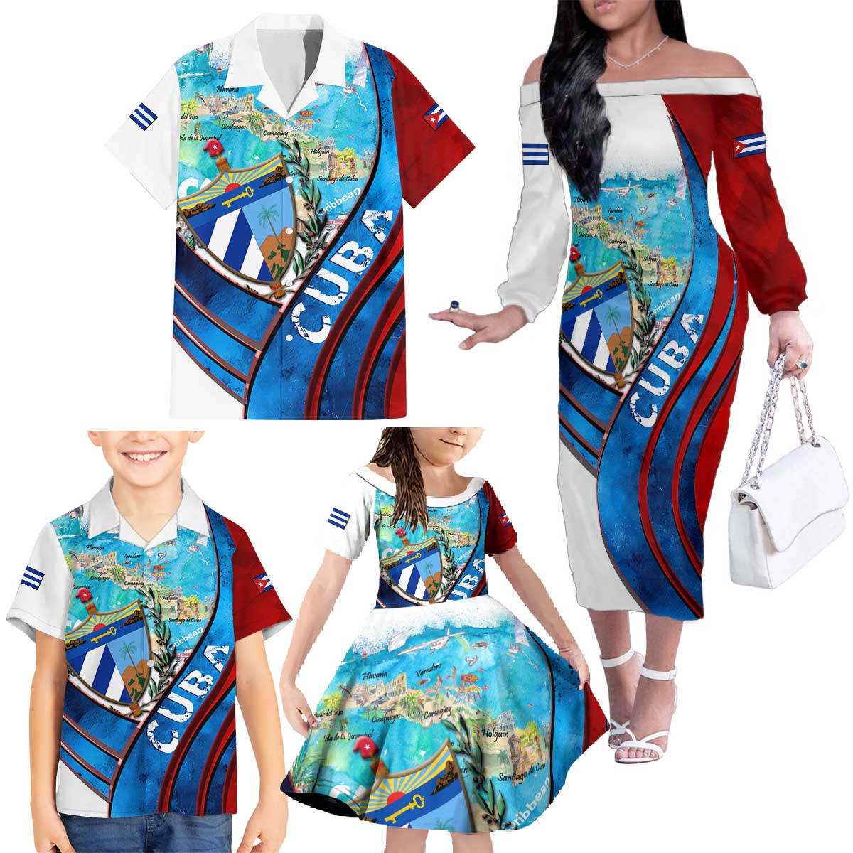 Coat Of Arms Cuba Family Matching Off The Shoulder Long Sleeve Dress and Hawaiian Shirt Caribbean Cuban Map - Wonder Print Shop