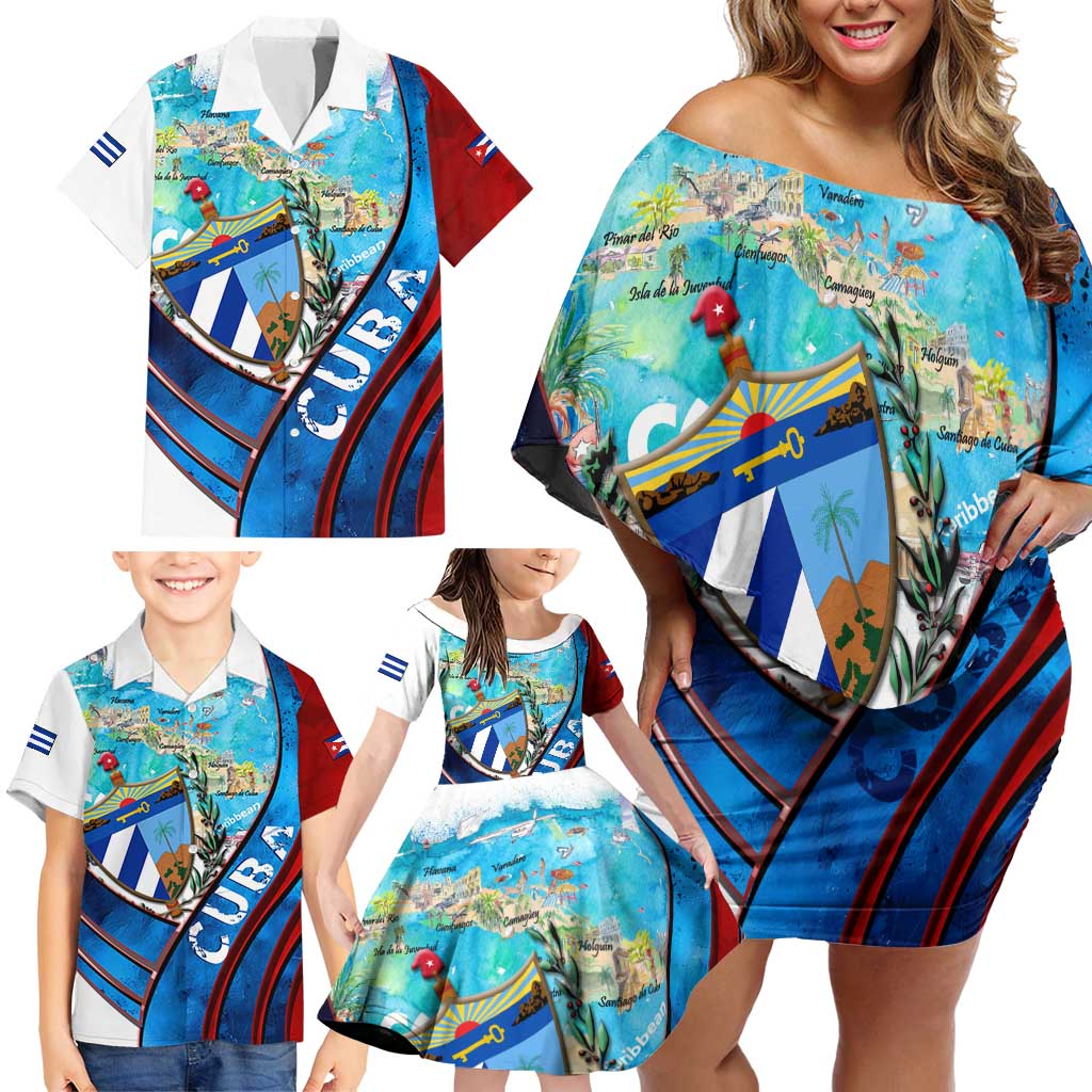 Coat Of Arms Cuba Family Matching Off Shoulder Short Dress and Hawaiian Shirt Caribbean Cuban Map - Wonder Print Shop