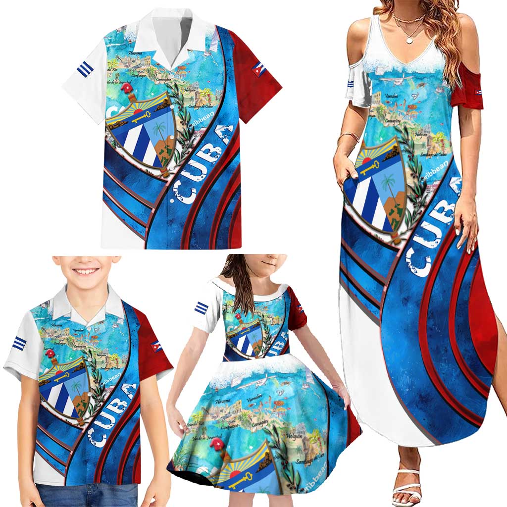 Coat Of Arms Cuba Family Matching Summer Maxi Dress and Hawaiian Shirt Caribbean Cuban Map - Wonder Print Shop