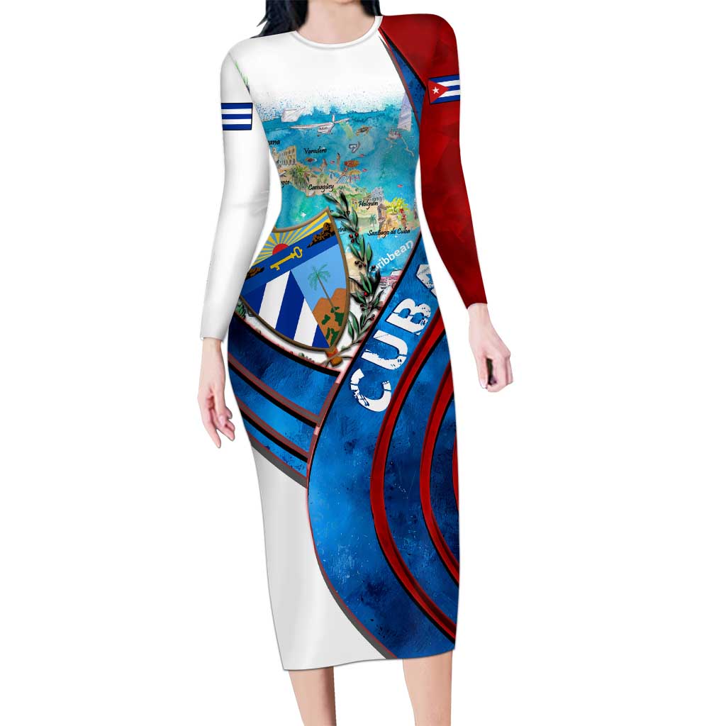 Coat Of Arms Cuba Long Sleeve Bodycon Dress Caribbean Cuban Map - Wonder Print Shop