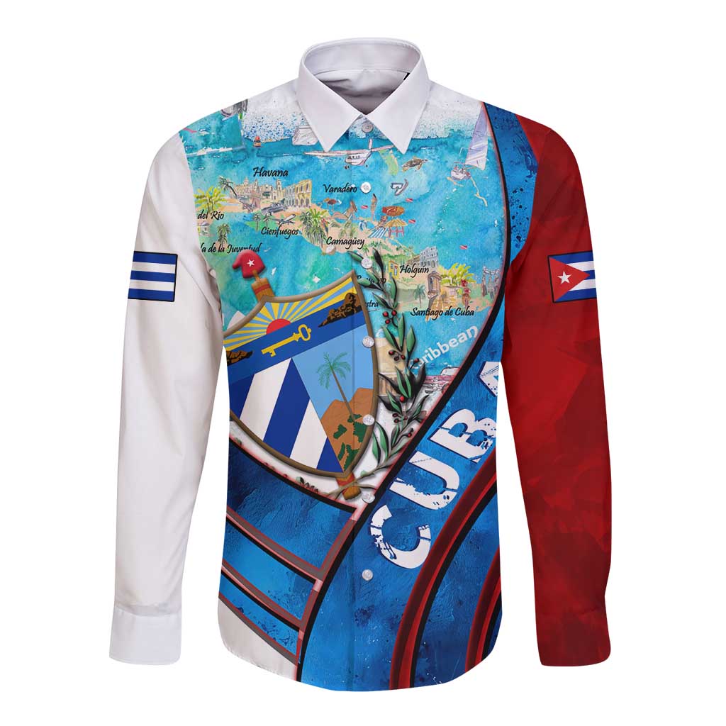 Coat Of Arms Cuba Long Sleeve Button Shirt Caribbean Cuban Map - Wonder Print Shop