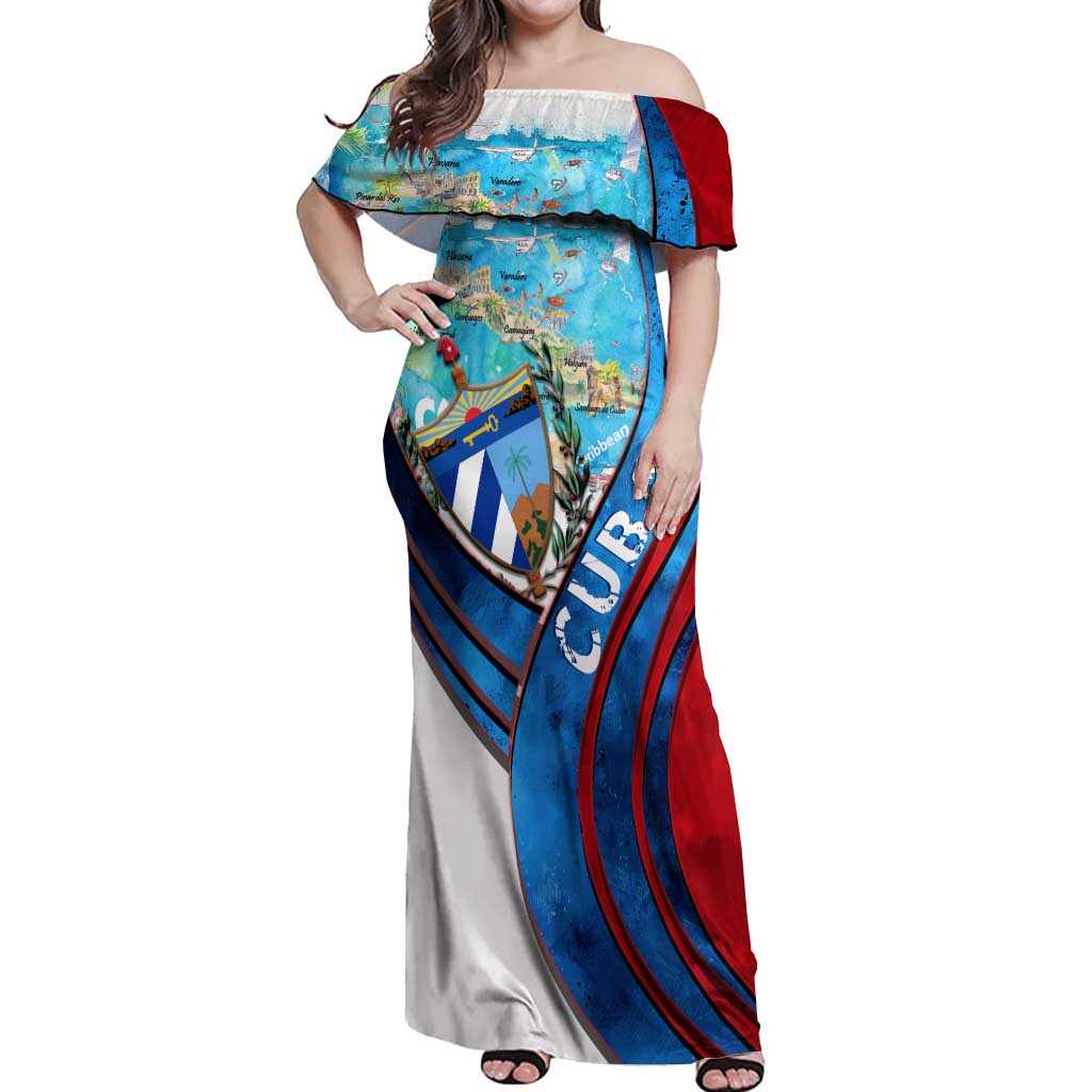 Coat Of Arms Cuba Off Shoulder Maxi Dress Caribbean Cuban Map - Wonder Print Shop