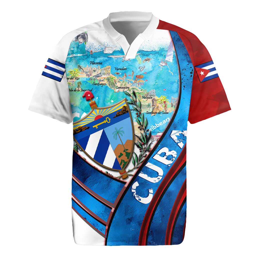 Coat Of Arms Cuba Rugby Jersey Caribbean Cuban Map - Wonder Print Shop