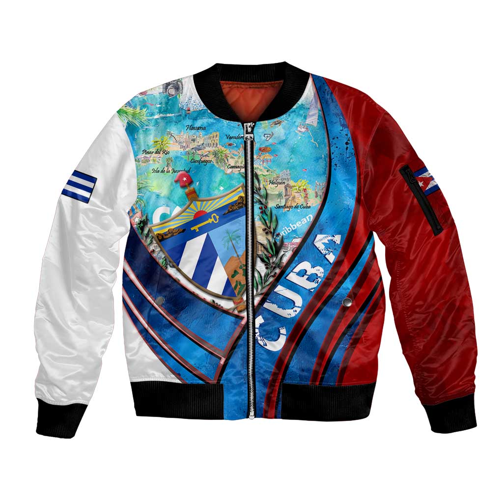 Coat Of Arms Cuba Sleeve Zip Bomber Jacket Caribbean Cuban Map - Wonder Print Shop