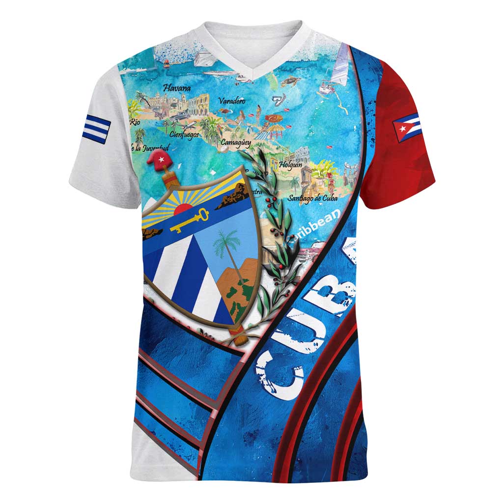 Coat Of Arms Cuba Women V-Neck T-Shirt Caribbean Cuban Map - Wonder Print Shop