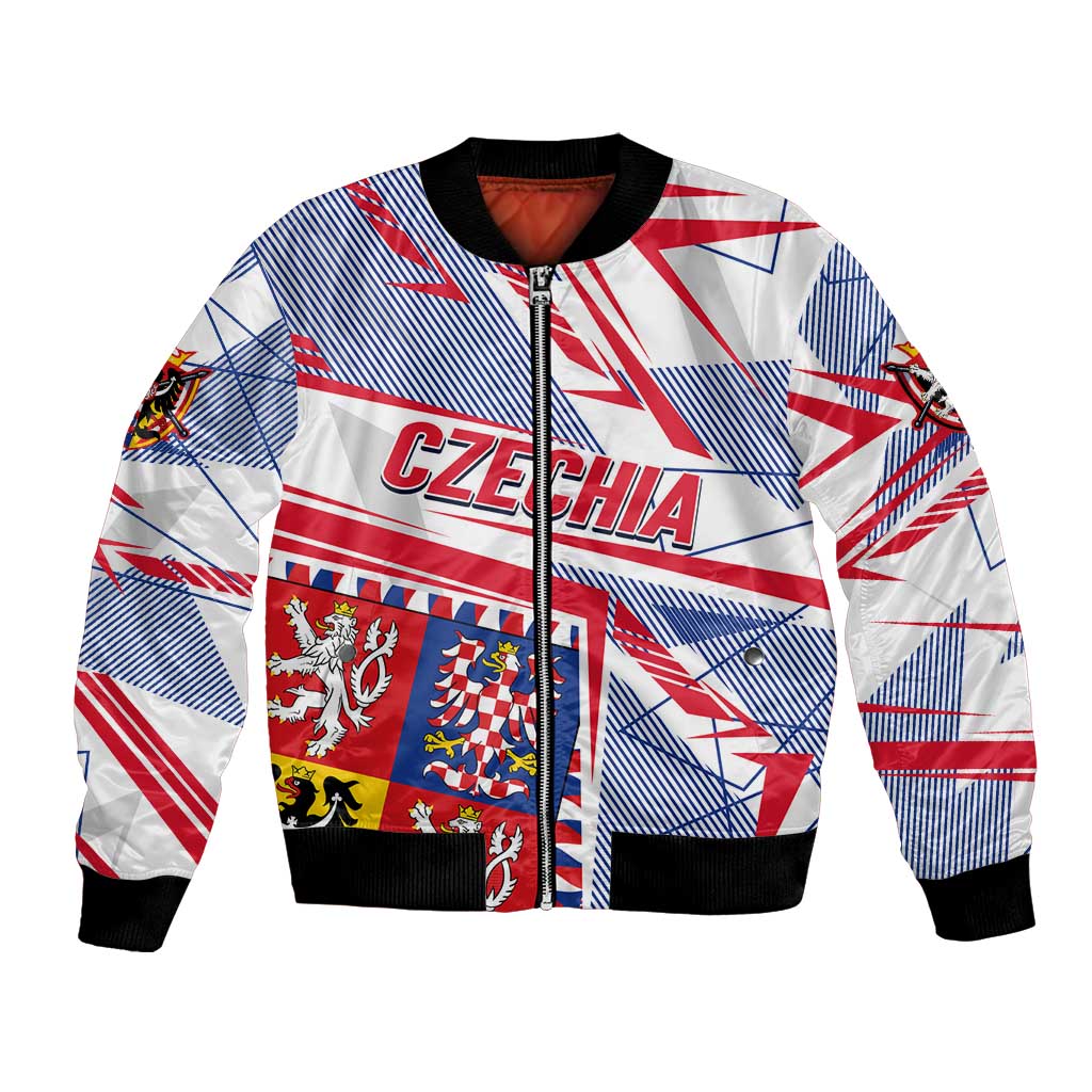 White bomber jacket with zip front, ribbed cuffs, Czech flag patch and geometric graphics