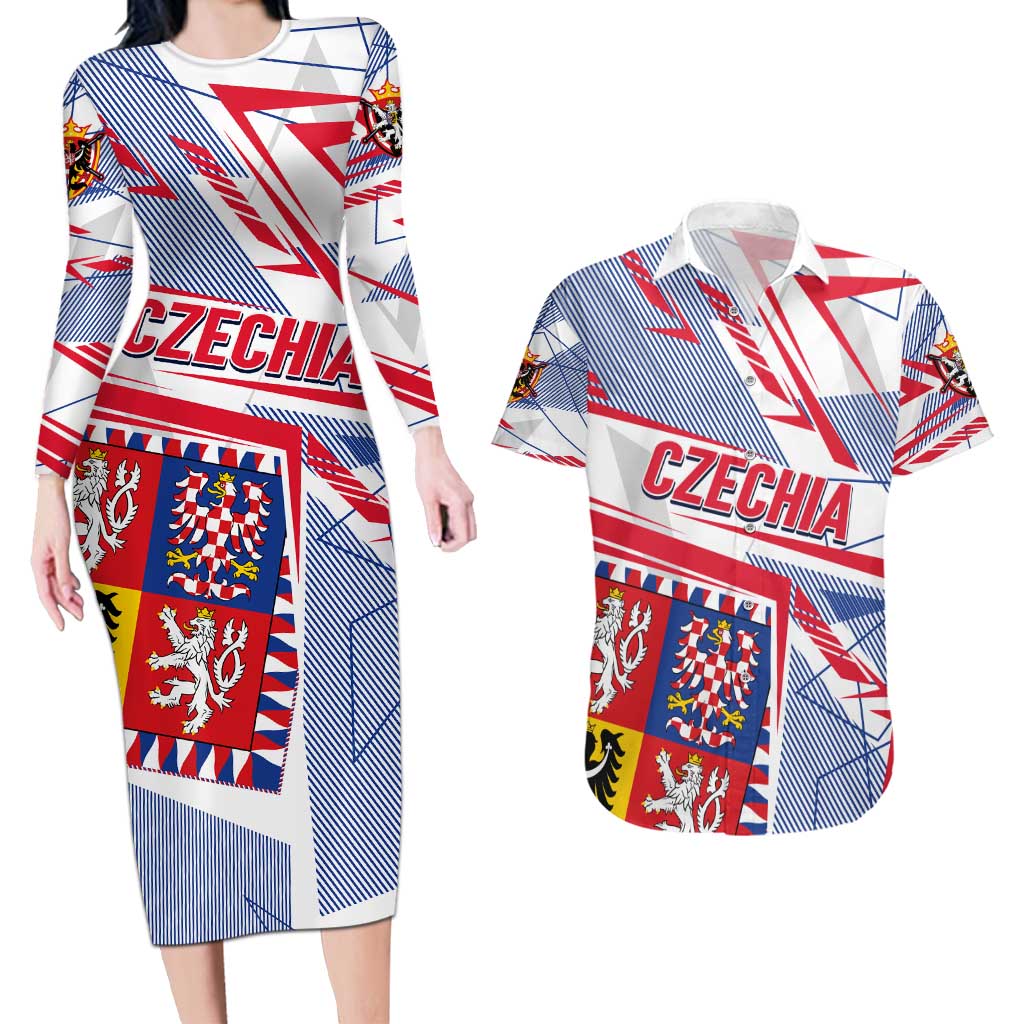 Coat Of Arms Czechia Couples Matching Long Sleeve Bodycon Dress and Hawaiian Shirt Czech Republic Sporty Geometric - Wonder Print Shop