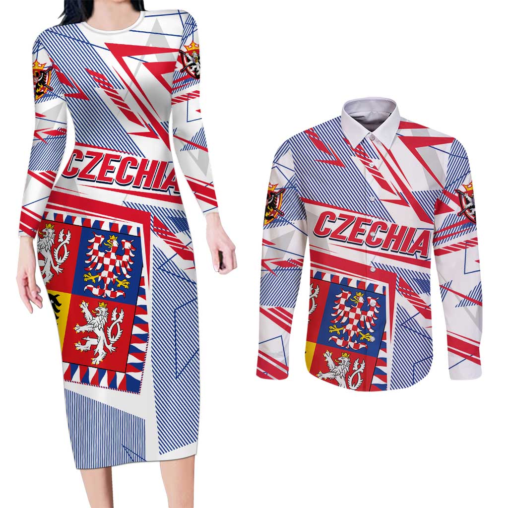 Coat Of Arms Czechia Couples Matching Long Sleeve Bodycon Dress and Long Sleeve Button Shirt Czech Republic Sporty Geometric - Wonder Print Shop