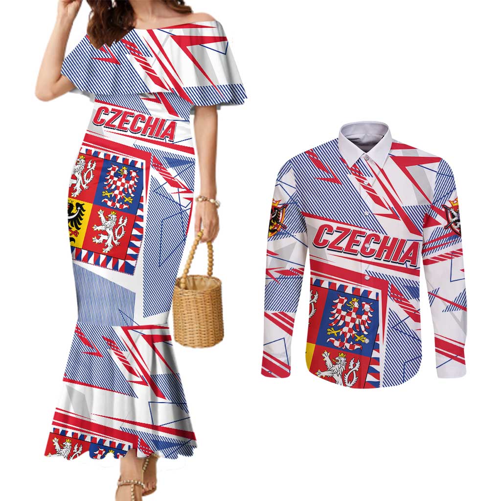 Coat Of Arms Czechia Couples Matching Mermaid Dress and Long Sleeve Button Shirt Czech Republic Sporty Geometric