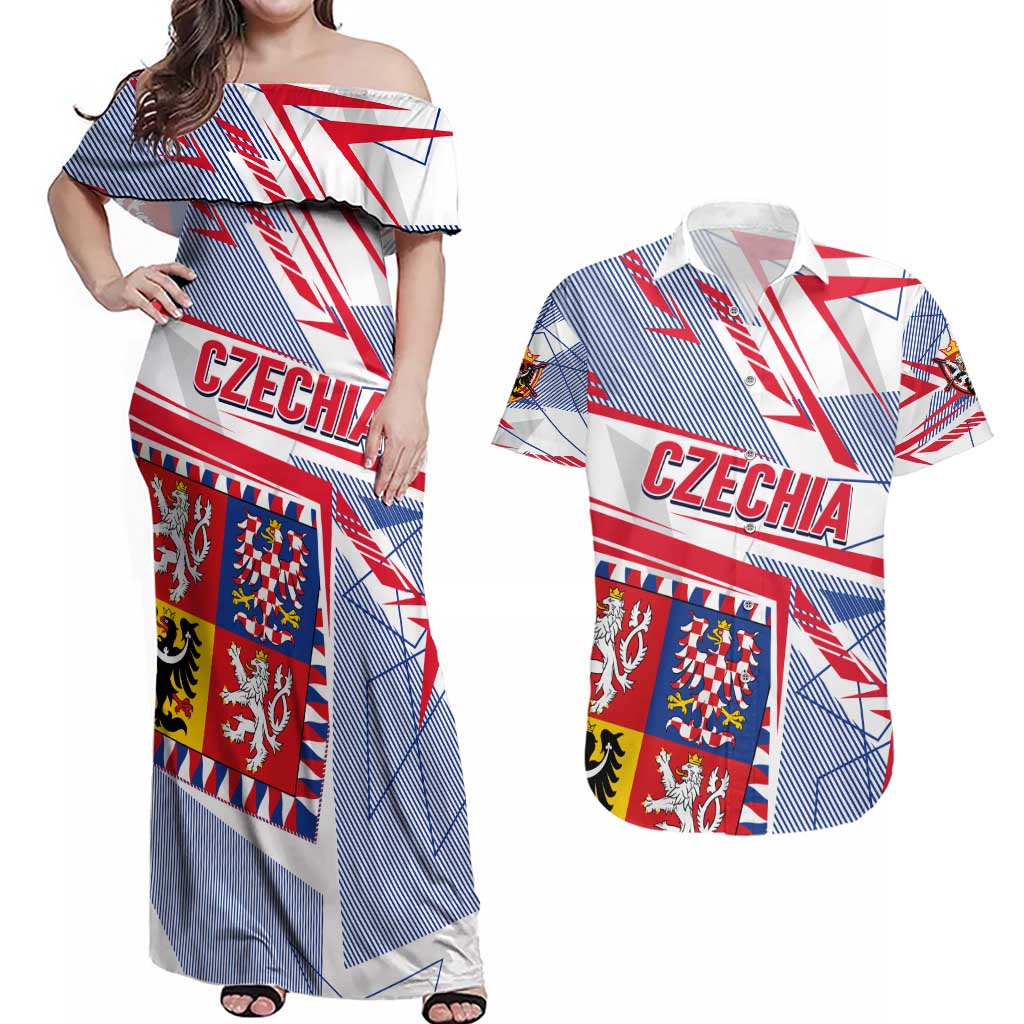 Coat Of Arms Czechia Couples Matching Off Shoulder Maxi Dress and Hawaiian Shirt Czech Republic Sporty Geometric - Wonder Print Shop