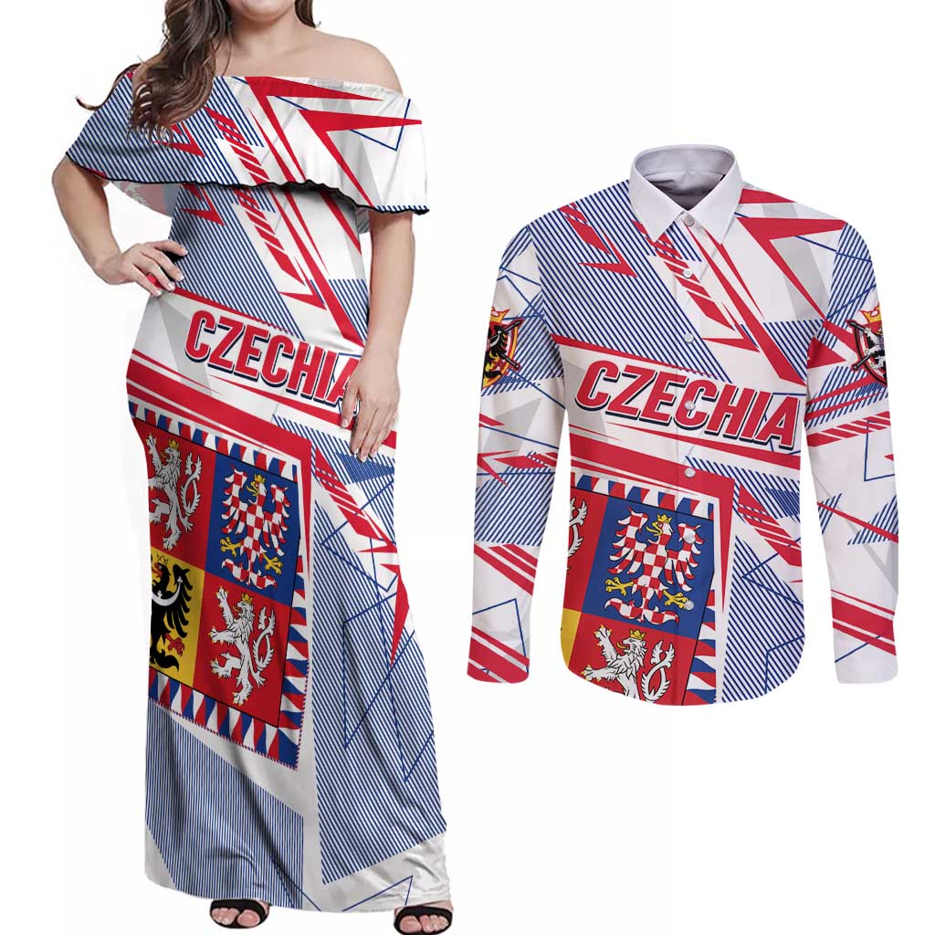 Coat Of Arms Czechia Couples Matching Off Shoulder Maxi Dress and Long Sleeve Button Shirt Czech Republic Sporty Geometric - Wonder Print Shop