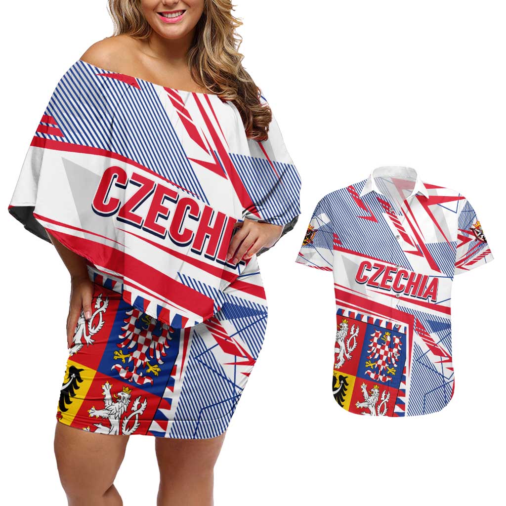 Coat Of Arms Czechia Couples Matching Off Shoulder Short Dress and Hawaiian Shirt Czech Republic Sporty Geometric - Wonder Print Shop