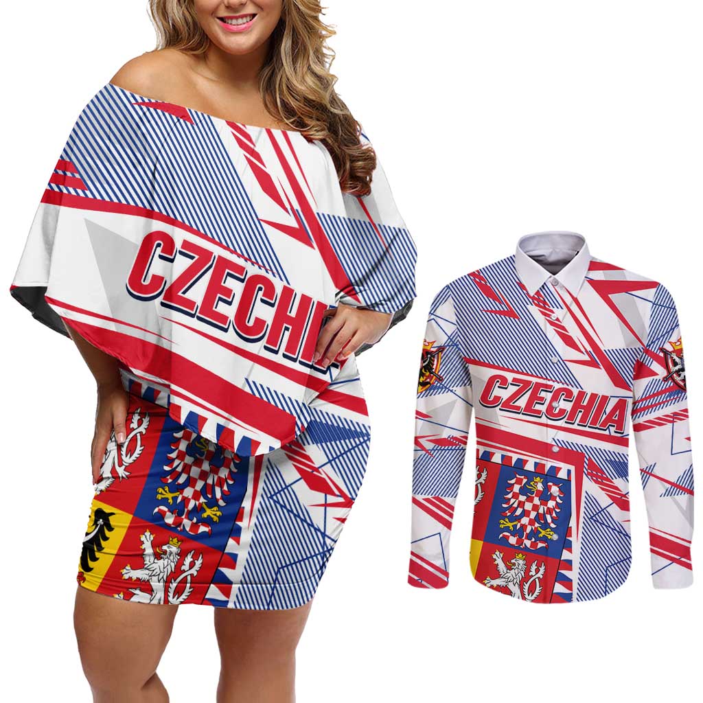 Coat Of Arms Czechia Couples Matching Off Shoulder Short Dress and Long Sleeve Button Shirt Czech Republic Sporty Geometric - Wonder Print Shop