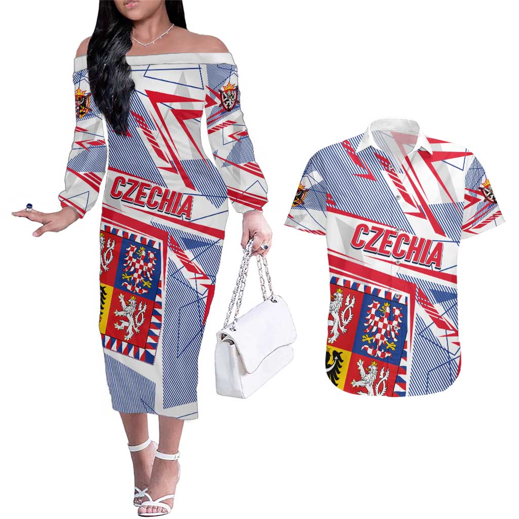 Coat Of Arms Czechia Couples Matching Off The Shoulder Long Sleeve Dress and Hawaiian Shirt Czech Republic Sporty Geometric - Wonder Print Shop