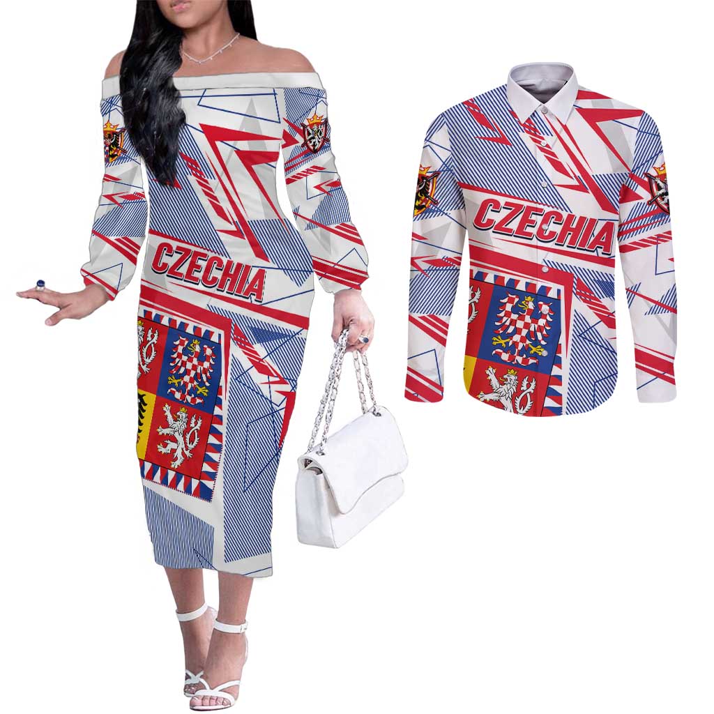 Coat Of Arms Czechia Couples Matching Off The Shoulder Long Sleeve Dress and Long Sleeve Button Shirt Czech Republic Sporty Geometric