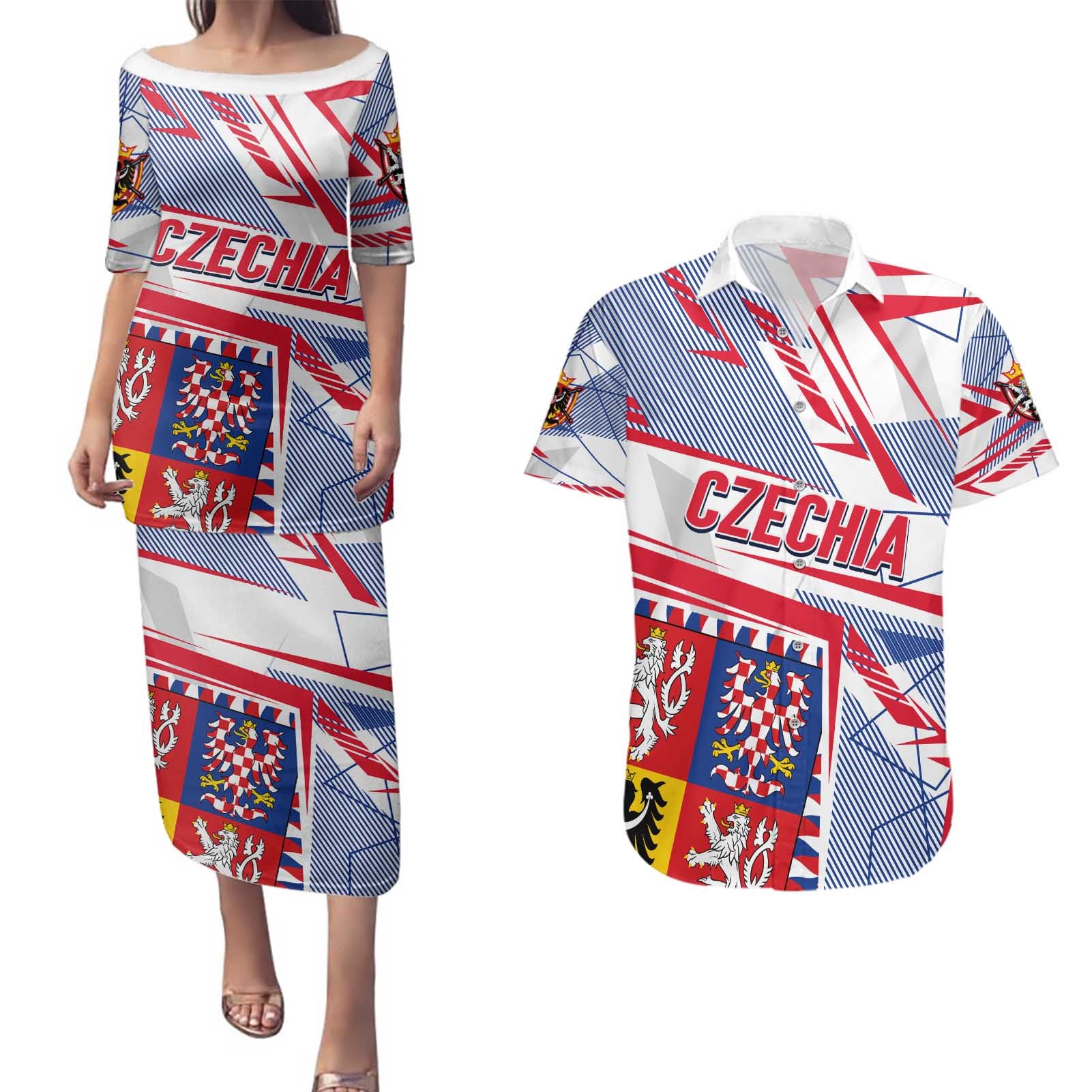 Coat Of Arms Czechia Couples Matching Puletasi and Hawaiian Shirt Czech Republic Sporty Geometric - Wonder Print Shop