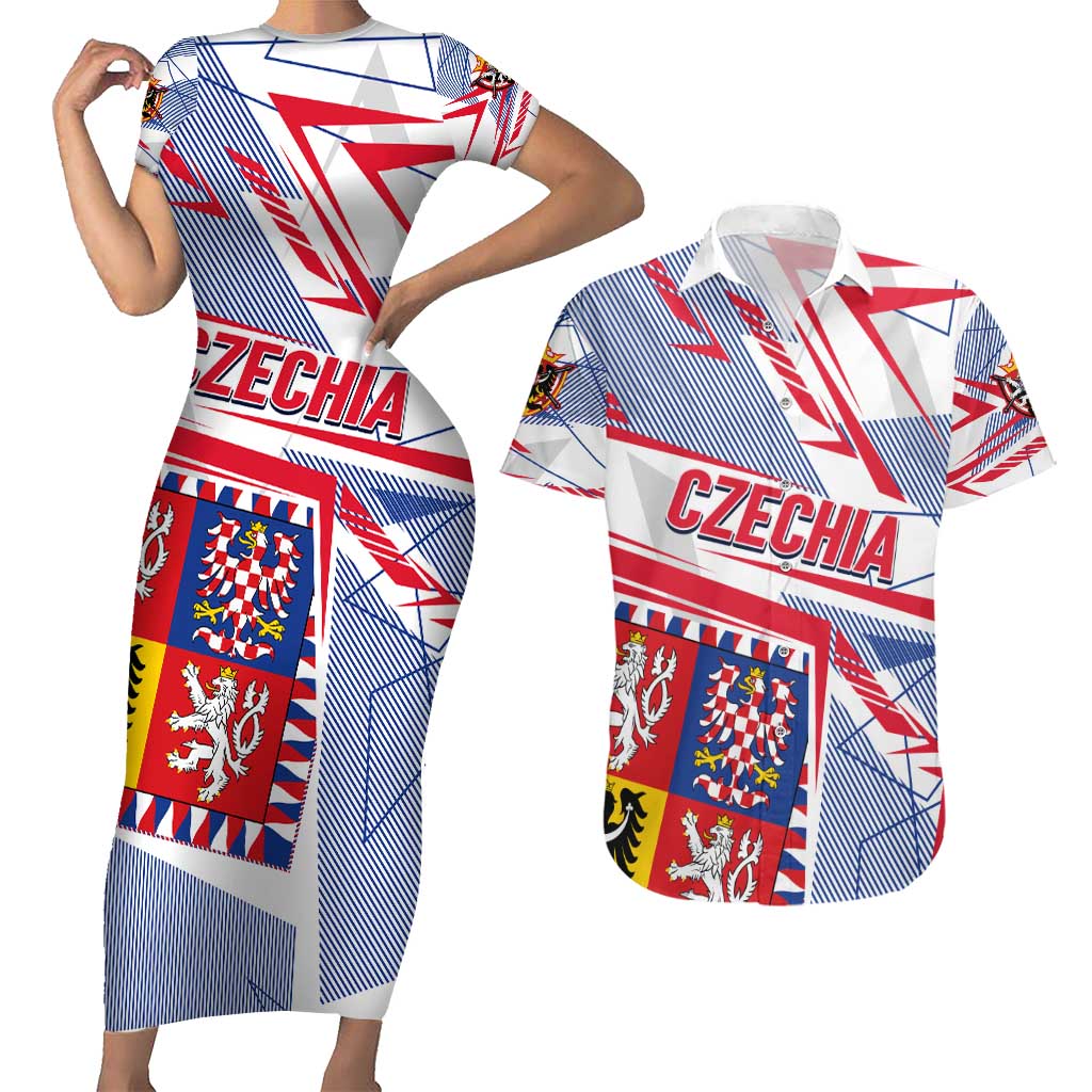 Coat Of Arms Czechia Couples Matching Short Sleeve Bodycon Dress and Hawaiian Shirt Czech Republic Sporty Geometric - Wonder Print Shop