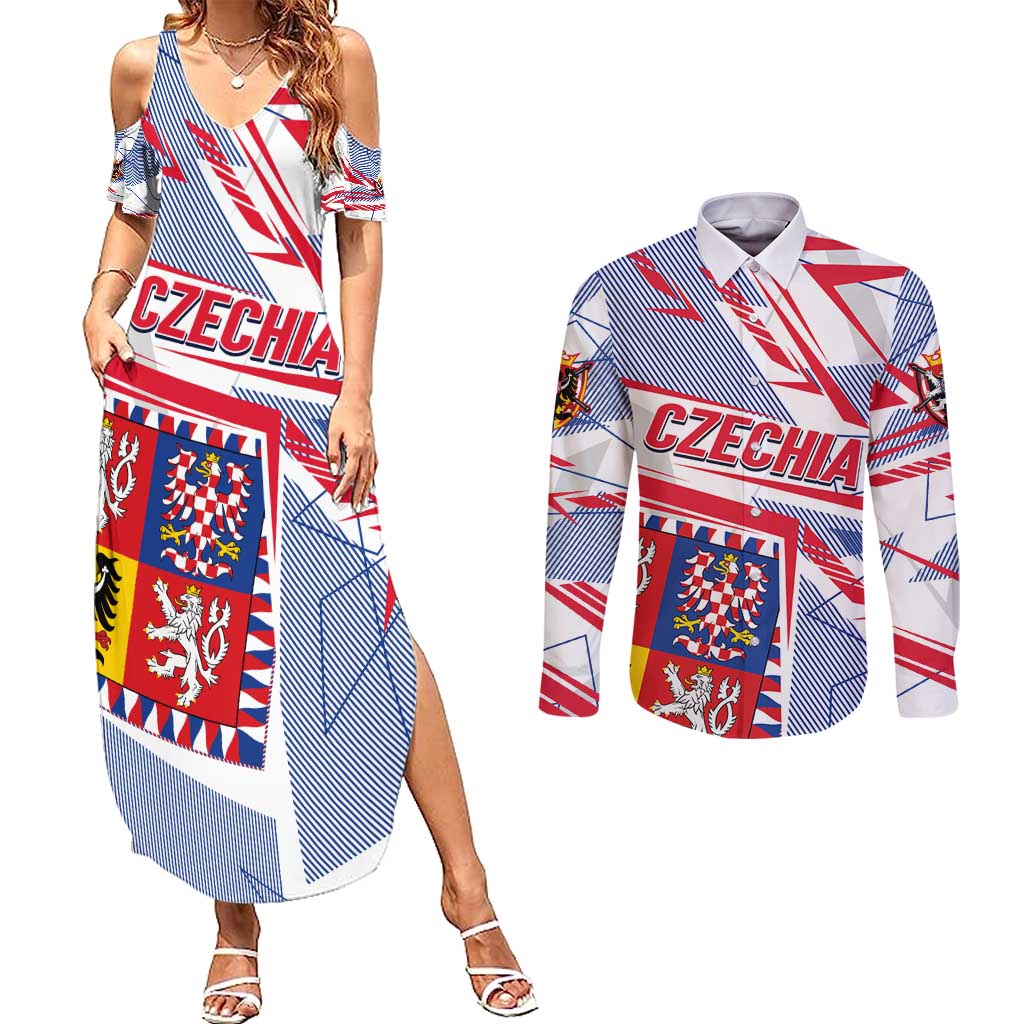 Coat Of Arms Czechia Couples Matching Summer Maxi Dress and Long Sleeve Button Shirt Czech Republic Sporty Geometric - Wonder Print Shop