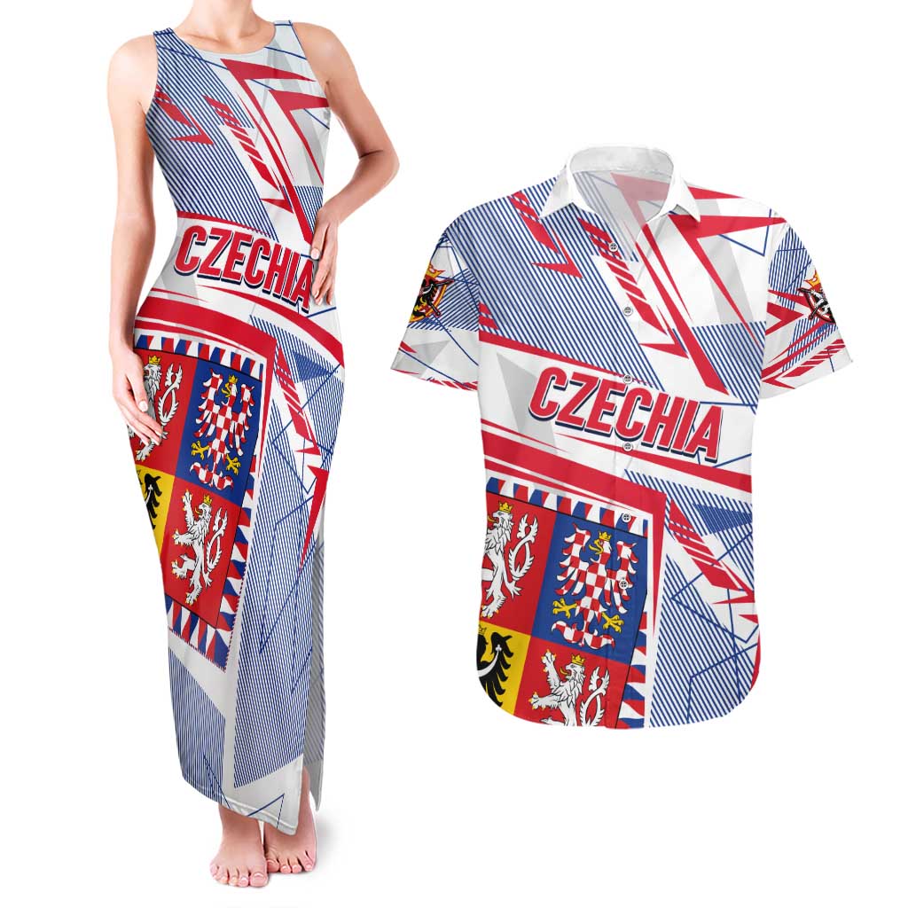 Coat Of Arms Czechia Couples Matching Tank Maxi Dress and Hawaiian Shirt Czech Republic Sporty Geometric - Wonder Print Shop