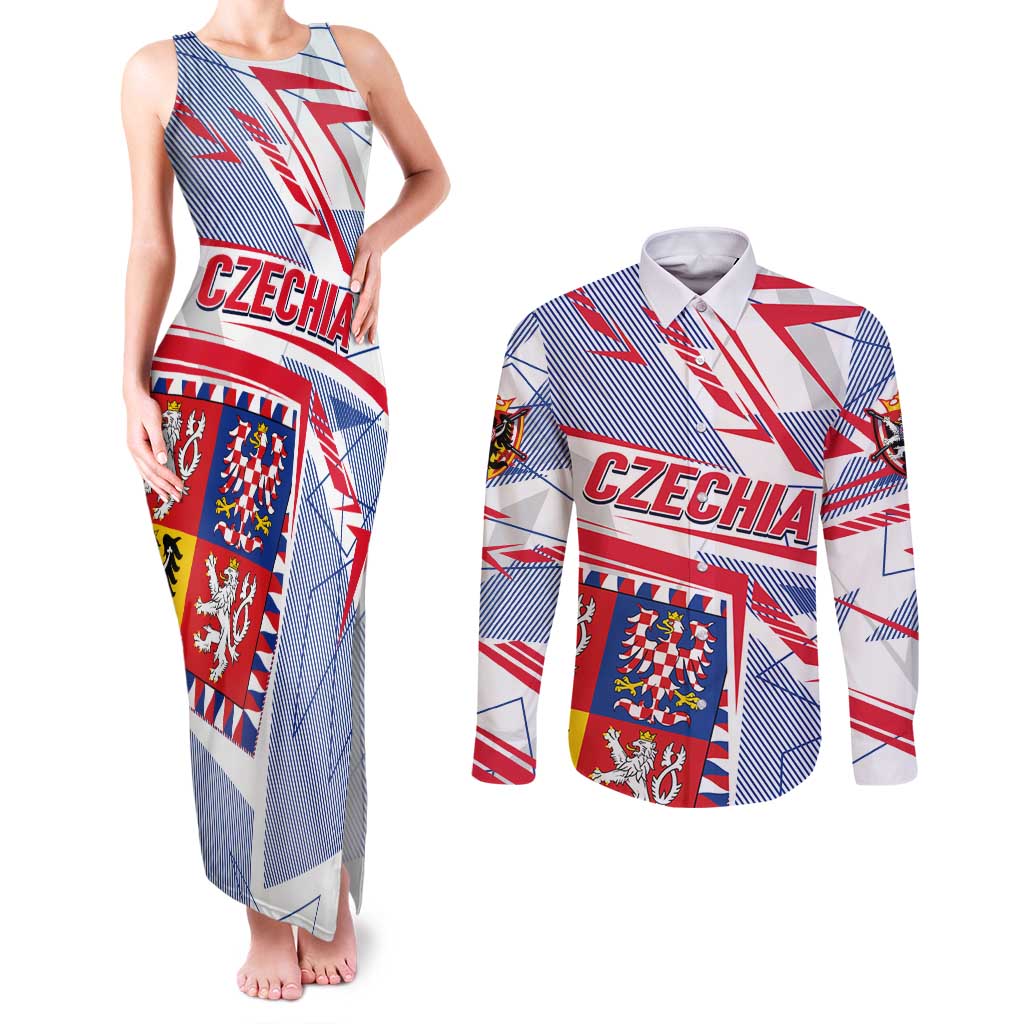 Coat Of Arms Czechia Couples Matching Tank Maxi Dress and Long Sleeve Button Shirt Czech Republic Sporty Geometric - Wonder Print Shop