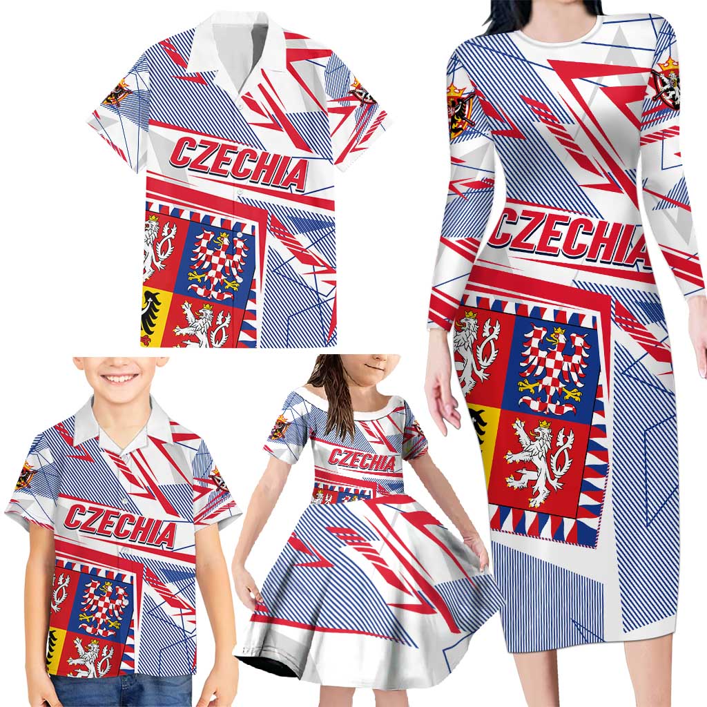 Coat Of Arms Czechia Family Matching Long Sleeve Bodycon Dress and Hawaiian Shirt Czech Republic Sporty Geometric - Wonder Print Shop