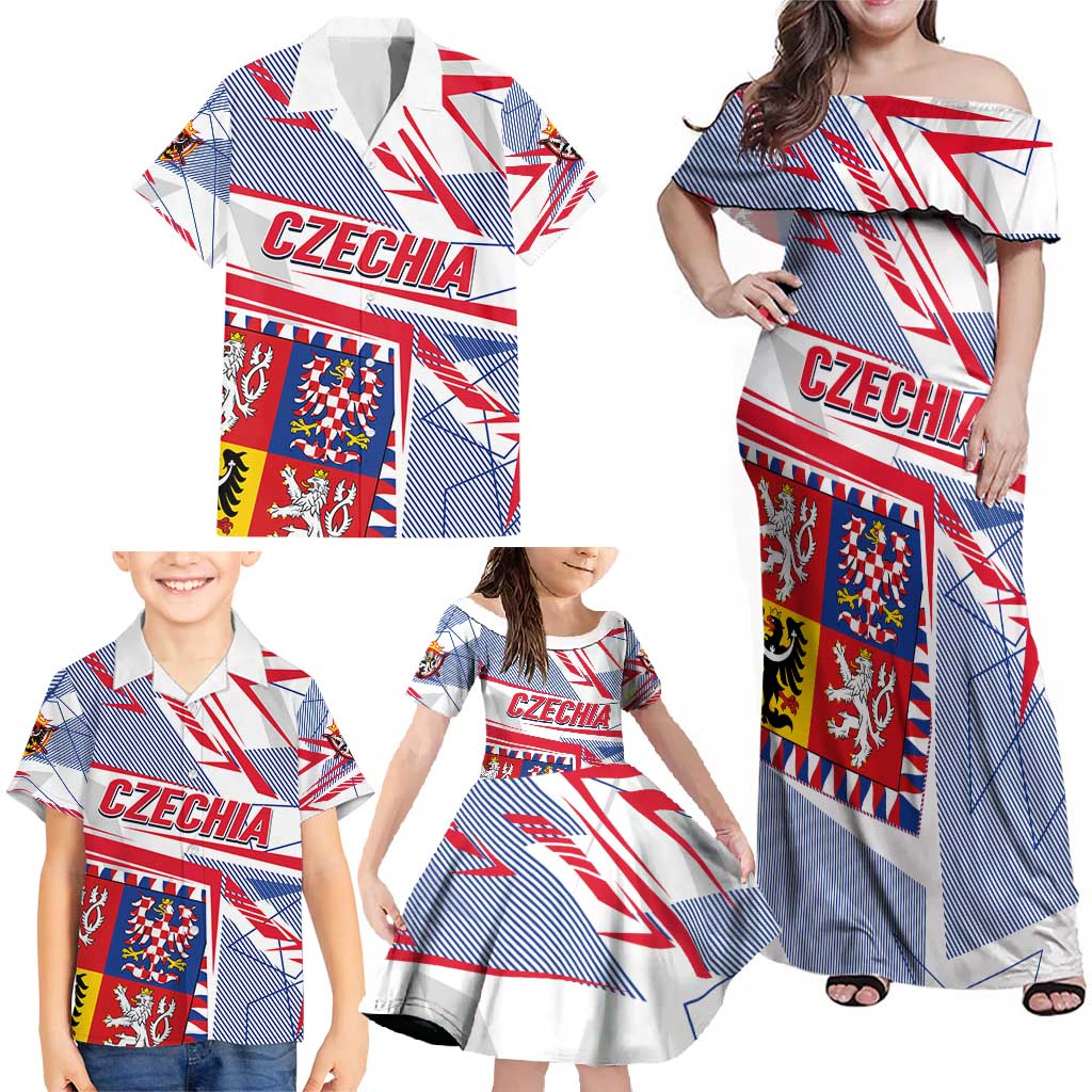 Coat Of Arms Czechia Family Matching Off Shoulder Maxi Dress and Hawaiian Shirt Czech Republic Sporty Geometric - Wonder Print Shop