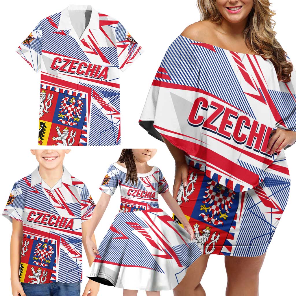 Coat Of Arms Czechia Family Matching Off Shoulder Short Dress and Hawaiian Shirt Czech Republic Sporty Geometric - Wonder Print Shop